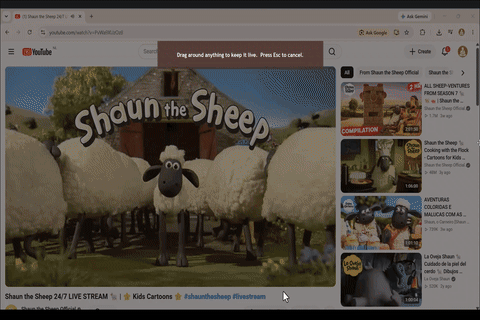PinCrop selecting a YouTube video and keeping it in a floating window above the desktop.